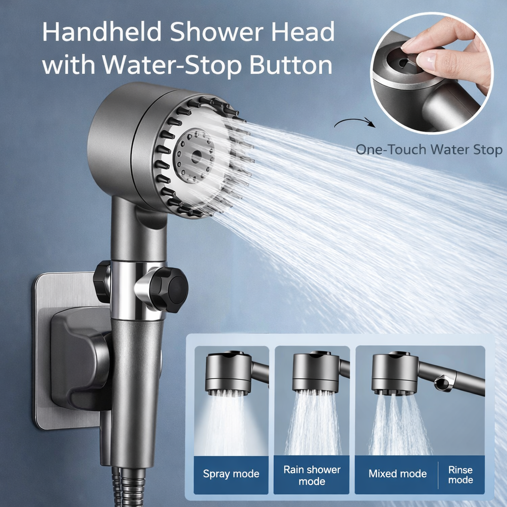 High-Pressure Shower Head 3-Mode Adjustable Spray with Filter & Massage Multiuse