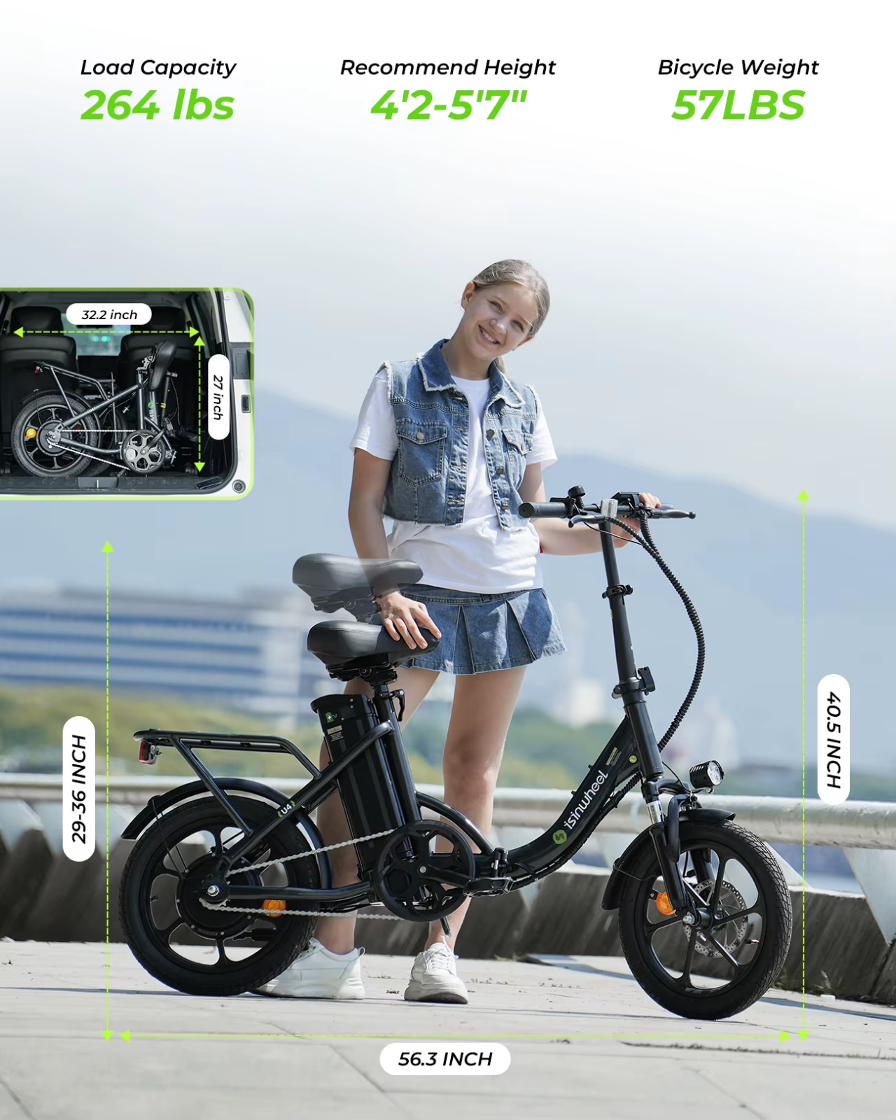 iSinwheel U4 Folding Electric Bike 250W 36V 16" E-Bike 25kmh 70km Range Commuter