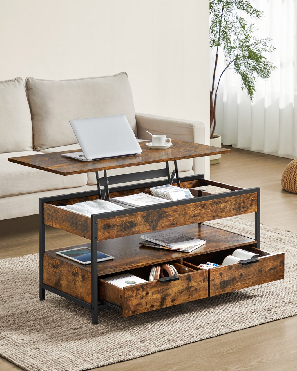 Lift Top Coffee Table with Storage Rustic Brown Modern UK