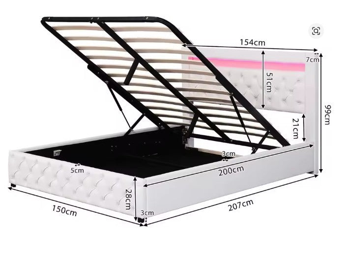 King Size Bed Frame LED Headboard Storage White Modern UK
