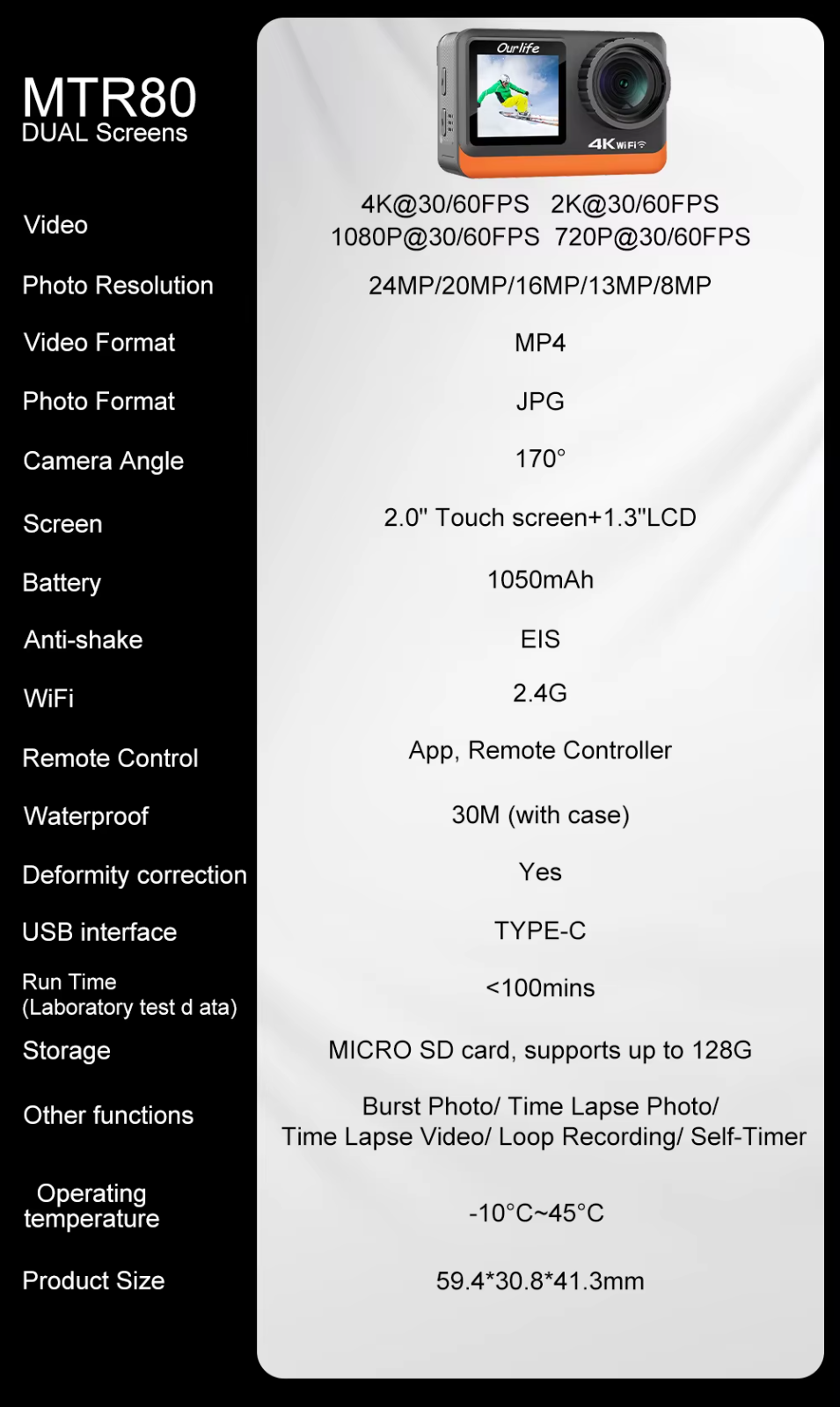 OURLIFE MTR80 4K60FPS Action Camera WiFi 30m Waterproof EIS + 64GB SD UK