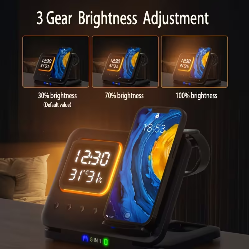 5-in-1 Wireless Charging Station 15W Fast Charger Watch AirPods Night Light UK