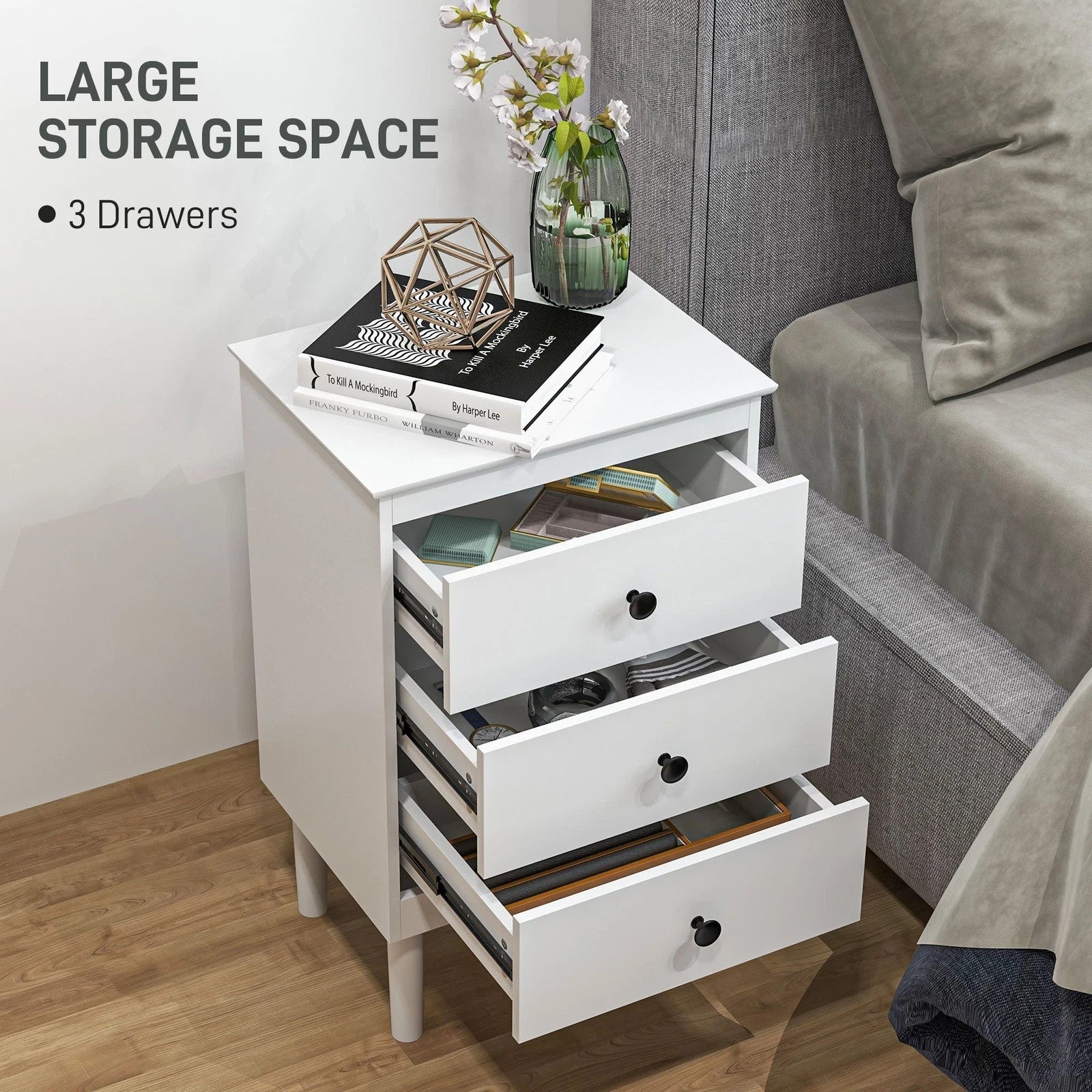 HOMCOM Bedside Tables Set of 2 Nightstand 3-Drawer White Modern UK