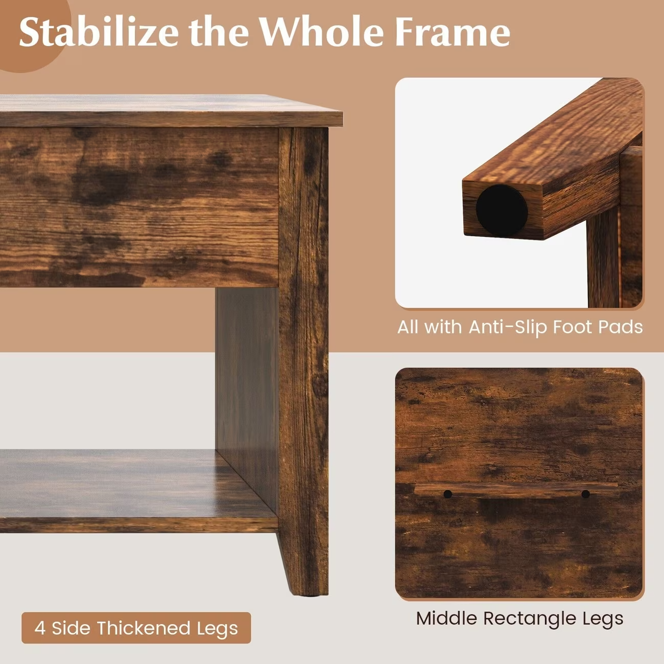 Lift Top Coffee Table with Storage Rustic Brown Modern UK