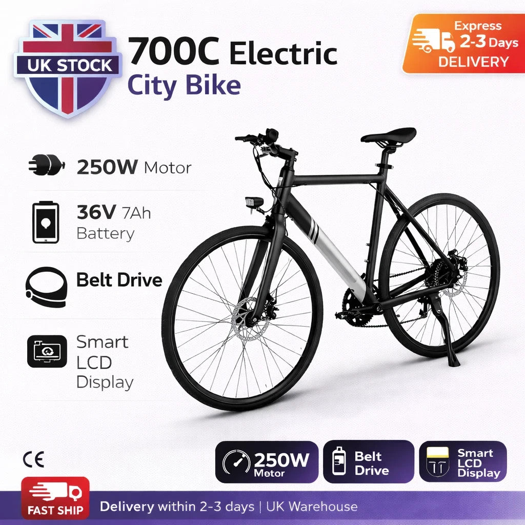 28" Electric City Bike 250W 36V Belt Drive Urban E-Bike 60km Range Lightweight