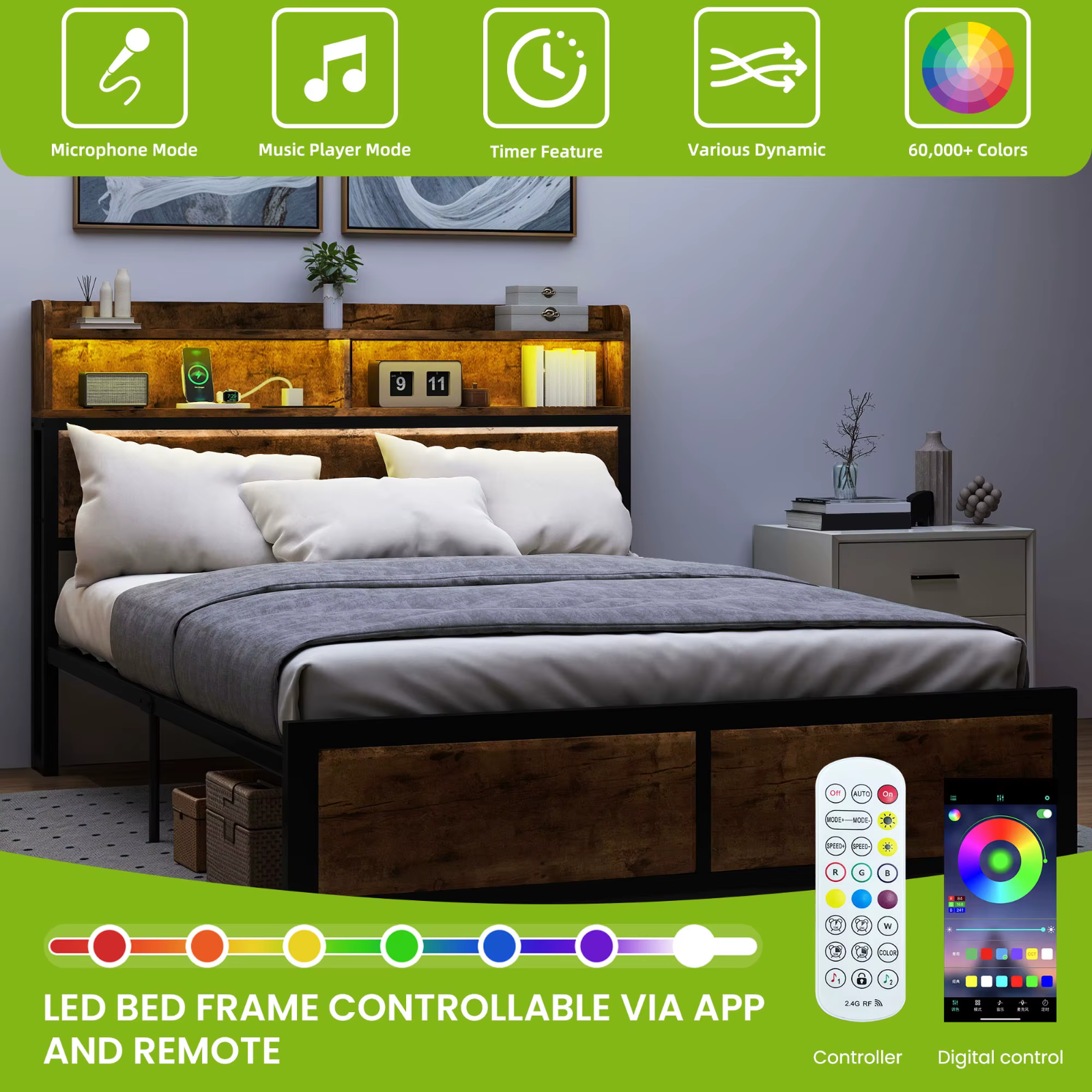 YITAHOME King Size Bed Frame LED USB Charging Modern UK