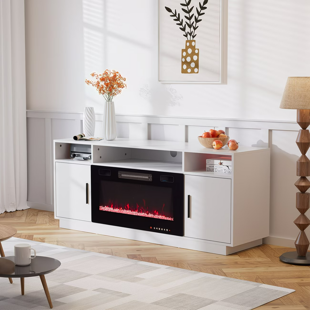 Modern Electric Fireplace TV Stand LED Flames Remote Storage Console White UK