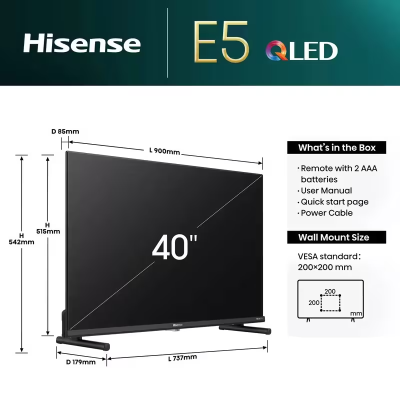 Hisense 40" QLED 4K Smart TV Dolby Vision 40E5NQTUK UK