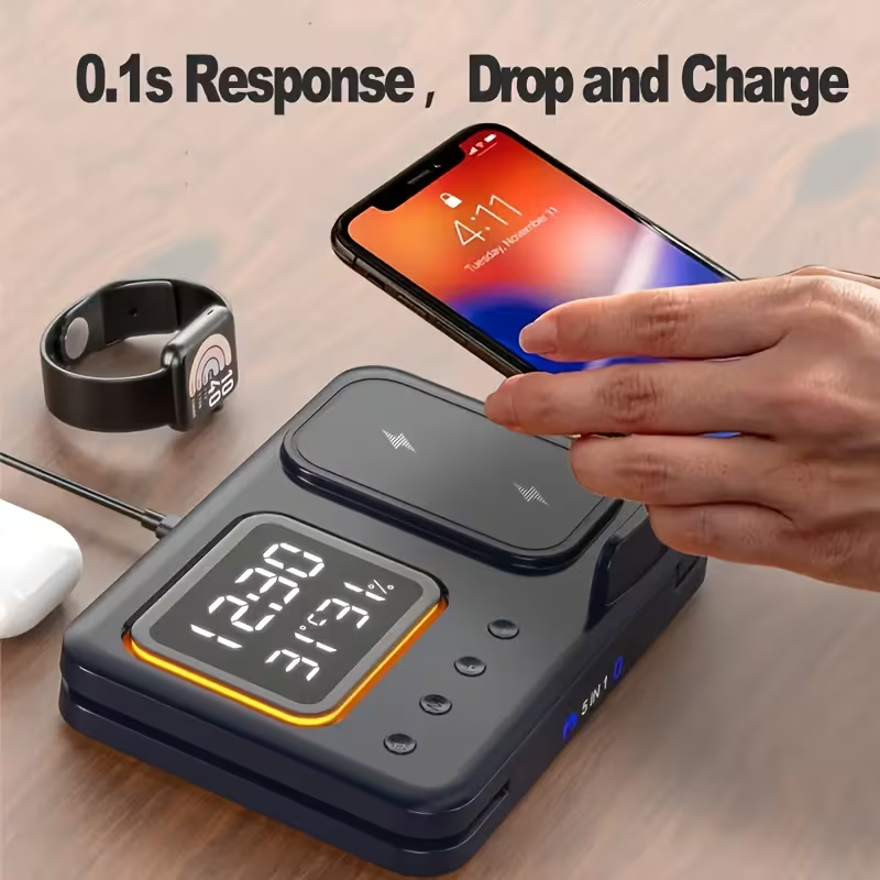 5-in-1 Wireless Charging Station 15W Fast Charger Watch AirPods Night Light UK