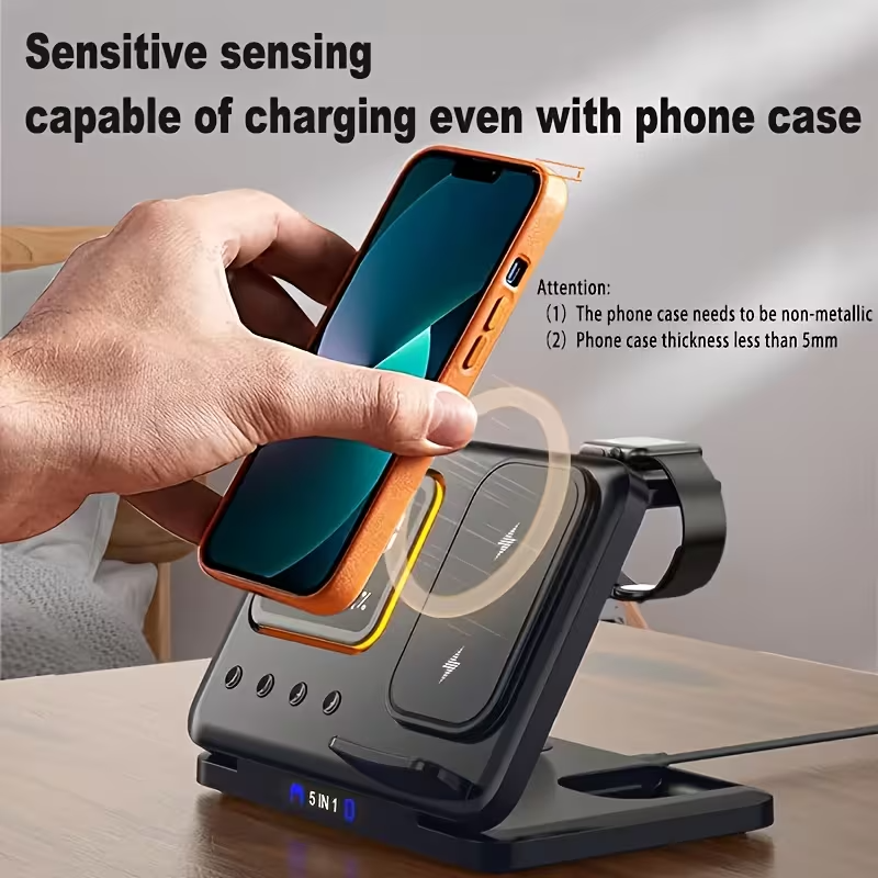 5-in-1 Wireless Charging Station 15W Fast Charger Watch AirPods Night Light UK