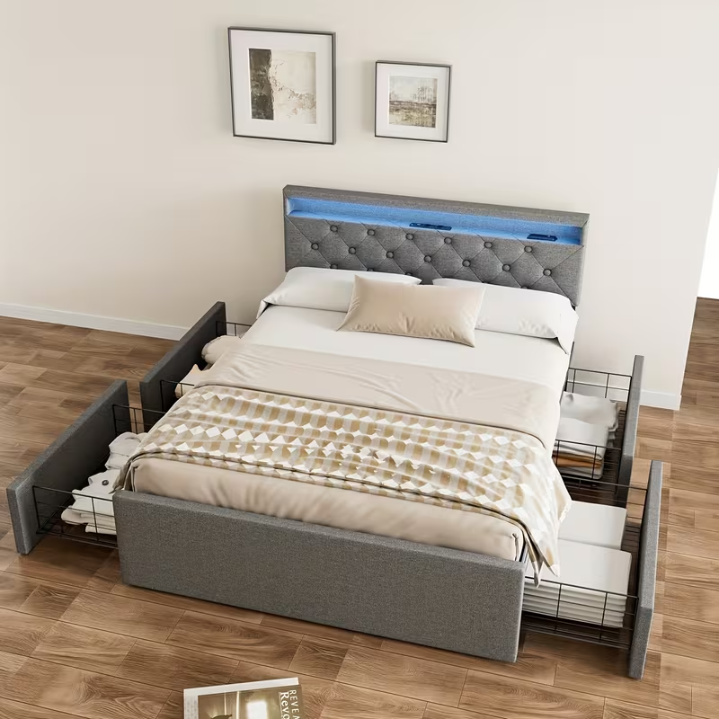 Double Bed Frame LED Headboard Storage Modern UK