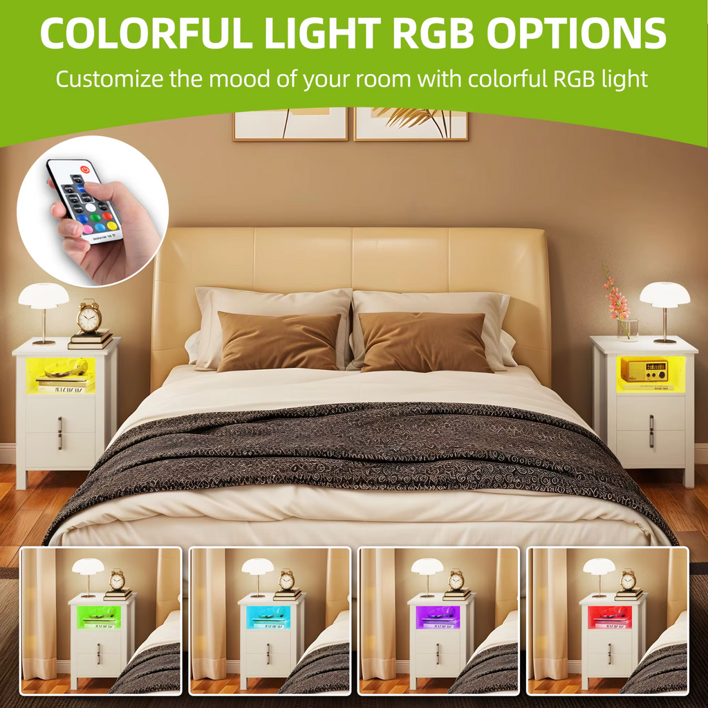 YITAHOME Bedside Tables Set of 2 Nightstand White LED Modern UK