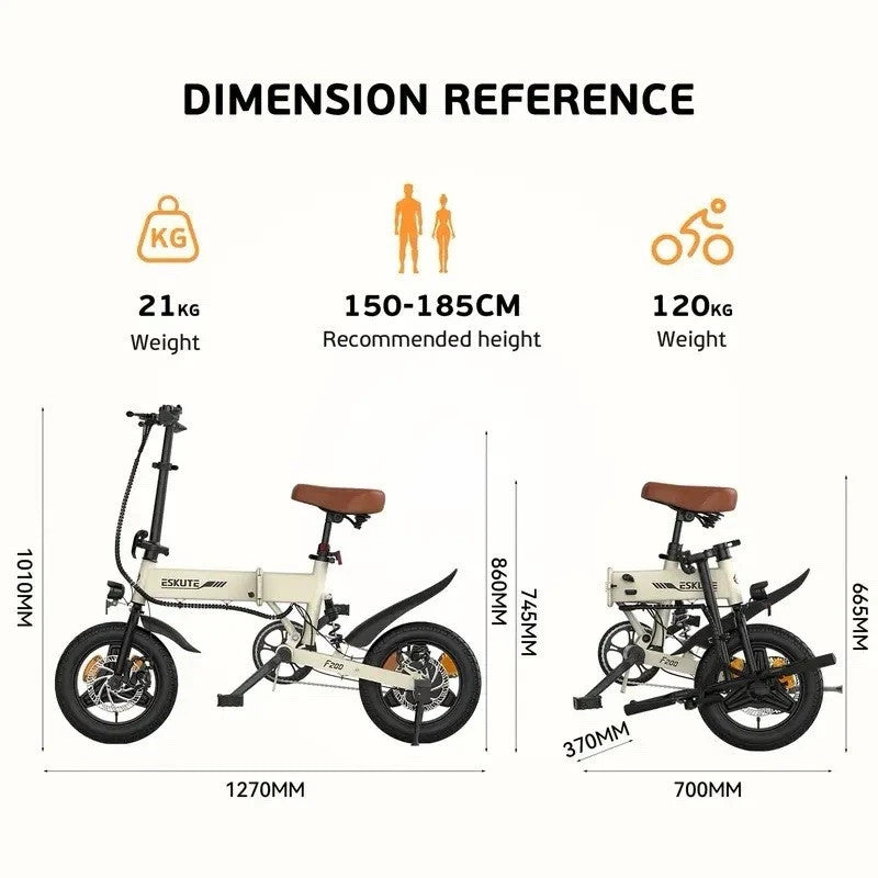 ESKUTE F200 14" Folding Electric Bike 250W 36V E-Bike 60KM Range City Commuter