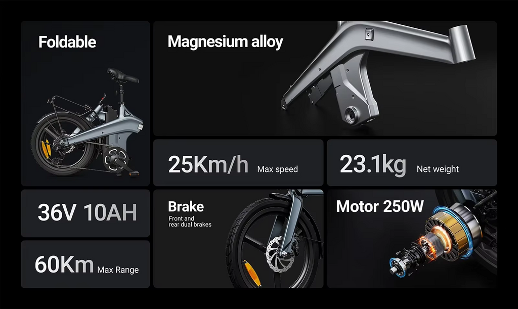 DYU T1 20'' Foldable Electric Bike 250W 36V 10Ah Battery E-Bike 60km Range UK