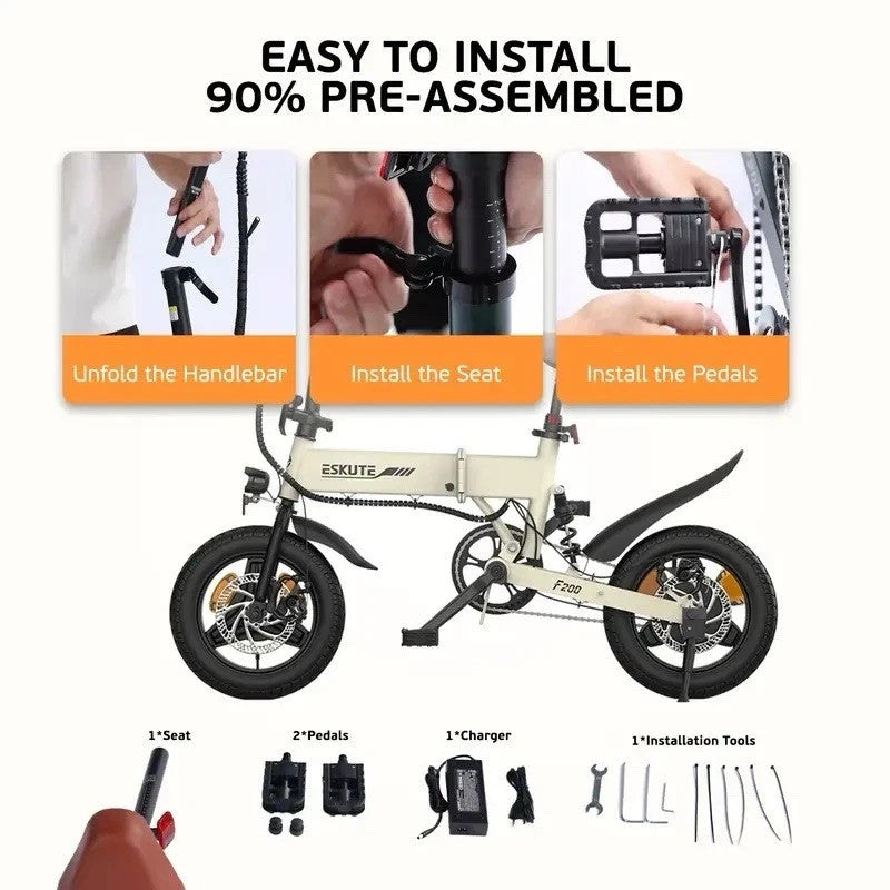 ESKUTE F200 14" Folding Electric Bike 250W 36V E-Bike 60KM Range City Commuter