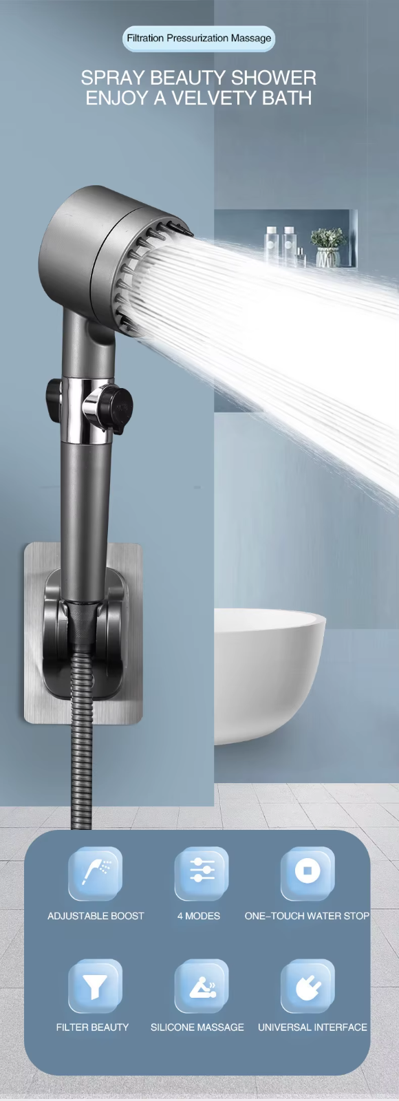 High-Pressure Shower Head 3-Mode Adjustable Spray with Filter & Massage Multiuse