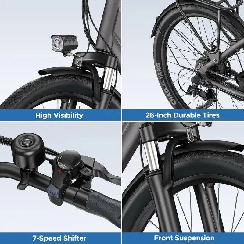 Hillmiles MileCity Electric Bike 250W 36V 13Ah 26" Fat Tyre E-Bike Long 100km