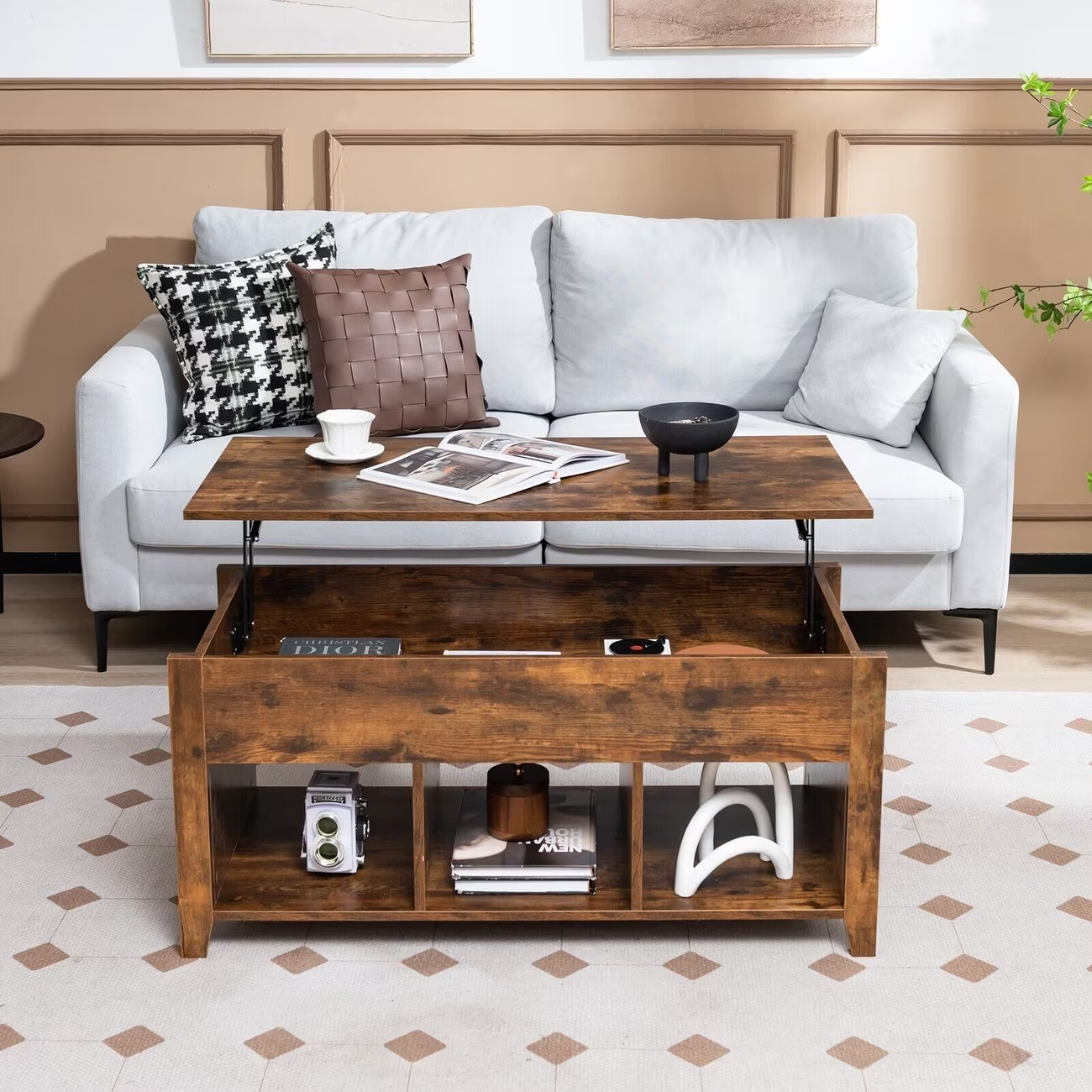 Lift Top Coffee Table with Storage Rustic Brown Modern UK