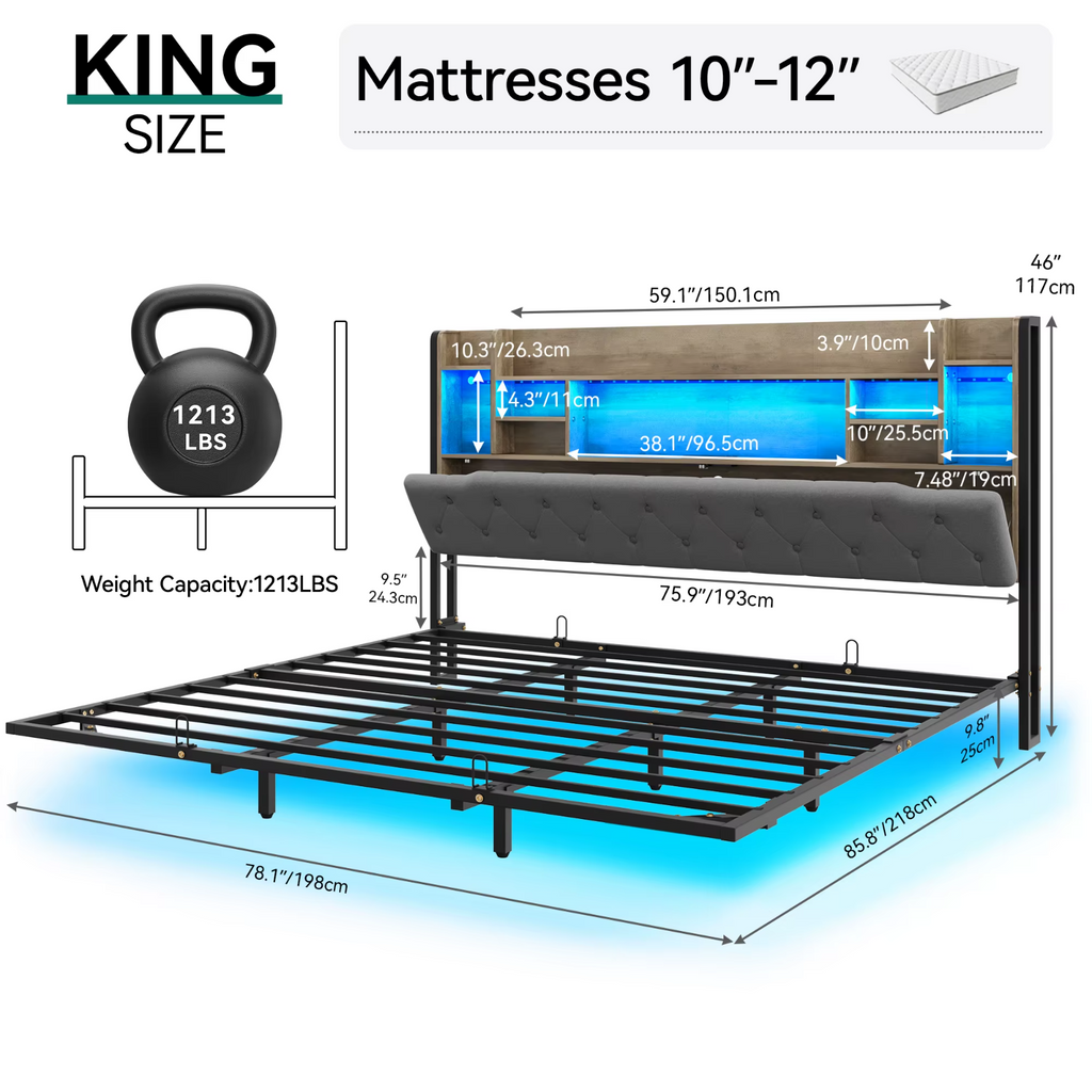 Balconera Super King Bed Frame LED USB Charging Storage Modern UK