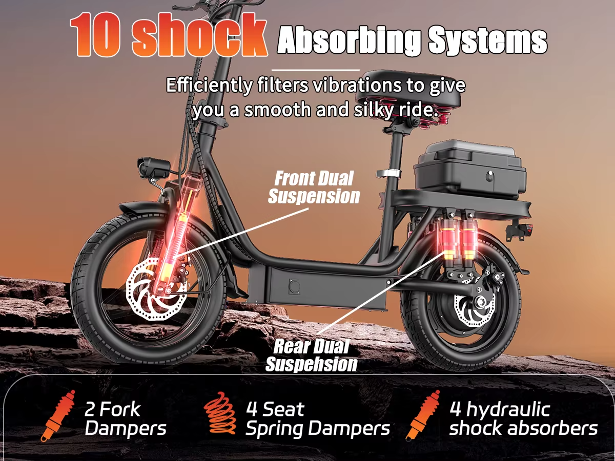UPlee GQ8 Folding E Bike Scooter 48V 15Ah 250W 14” Fat Tyre Dual Suspension UK