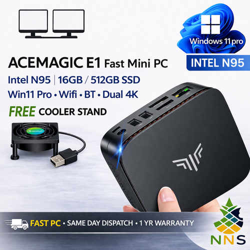 ACEMAGIC E1 Mini PC Intel N95 16GB 512GB NVME SSD Win11 Pro Wifi BT Dual 4K UK