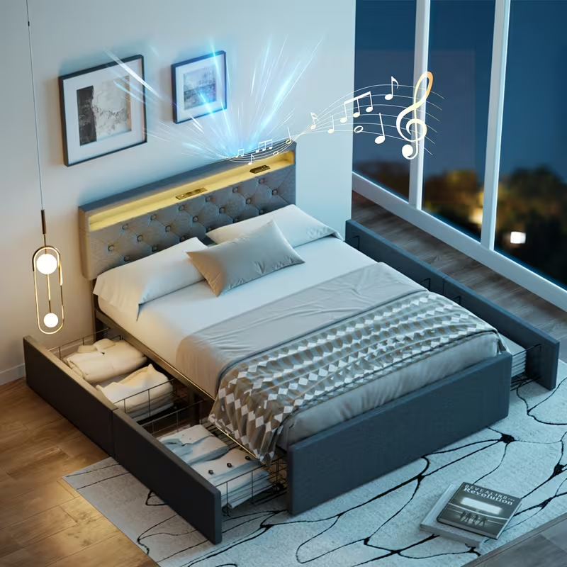 Double Bed Frame LED Headboard Storage Modern UK