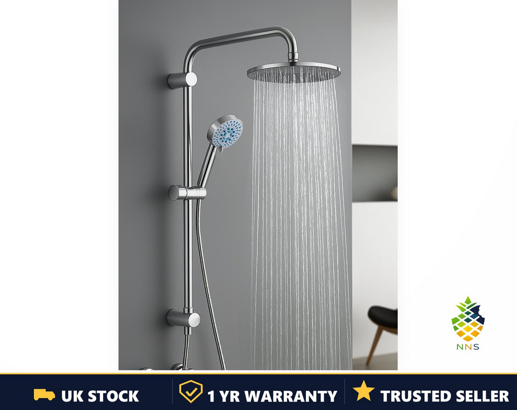 Shower Riser Kit Square/Round Mixer Set Bathroom Handheld + 8" Overhead Chrome