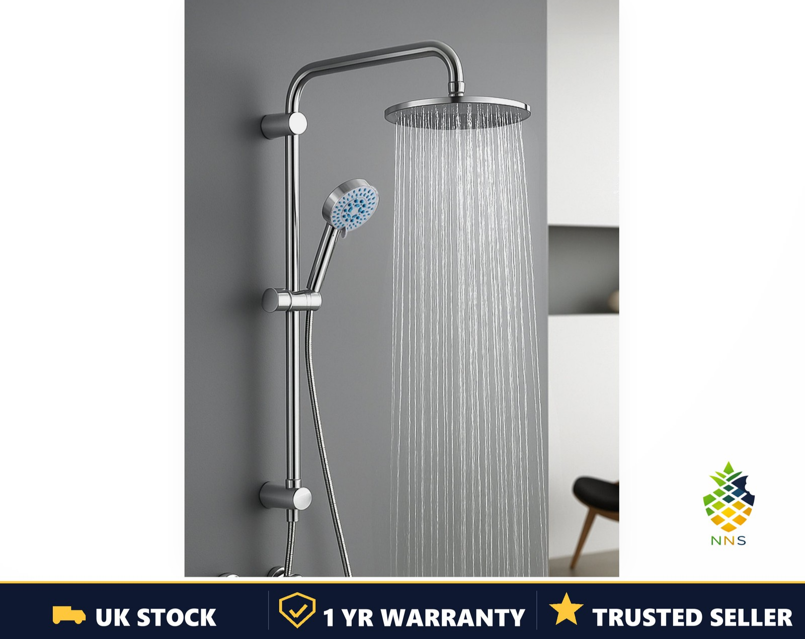 Shower Riser Kit Square/Round Mixer Set Bathroom Handheld + 8" Overhead Chrome