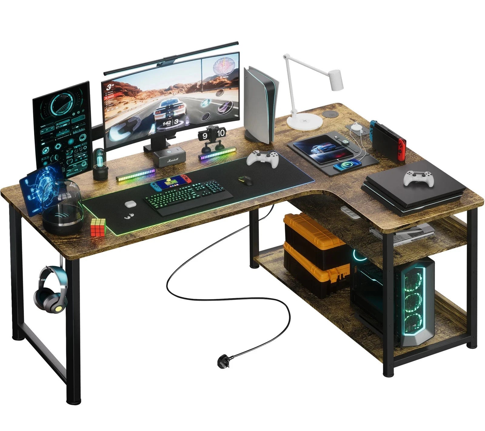 COMHOMA L Shaped Gaming Desk with Power Outlets USB Corner Computer PC Desk UK