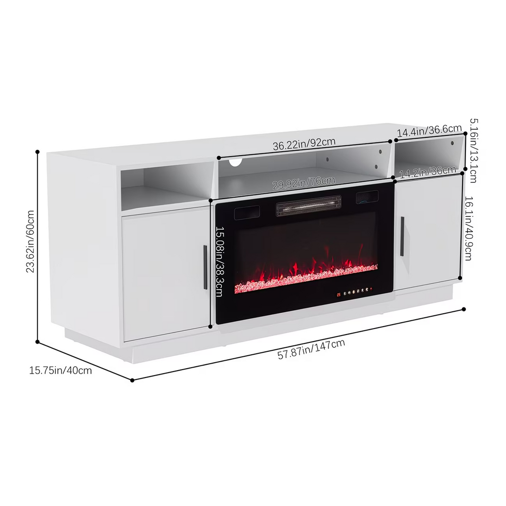 Modern Electric Fireplace TV Stand LED Flames Remote Storage Console White UK