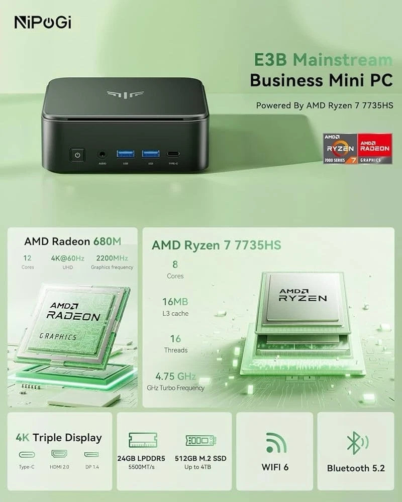 ACEMAGIC H1 Ryzen 7 7735HS 16GB 512GB Mini PC WiFi 6 BT 5.2 Triple 4K Warranty