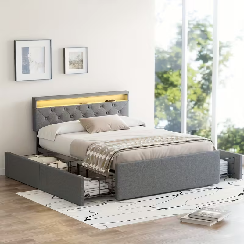 Double Bed Frame LED Headboard Storage Modern UK
