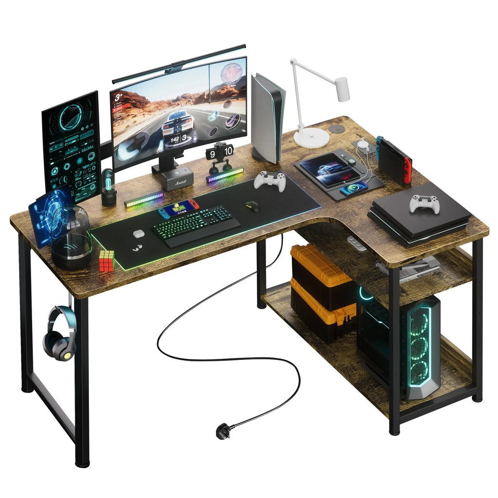 COMHOMA L Shaped Gaming Desk with Power Outlets USB Corner Computer PC Desk UK