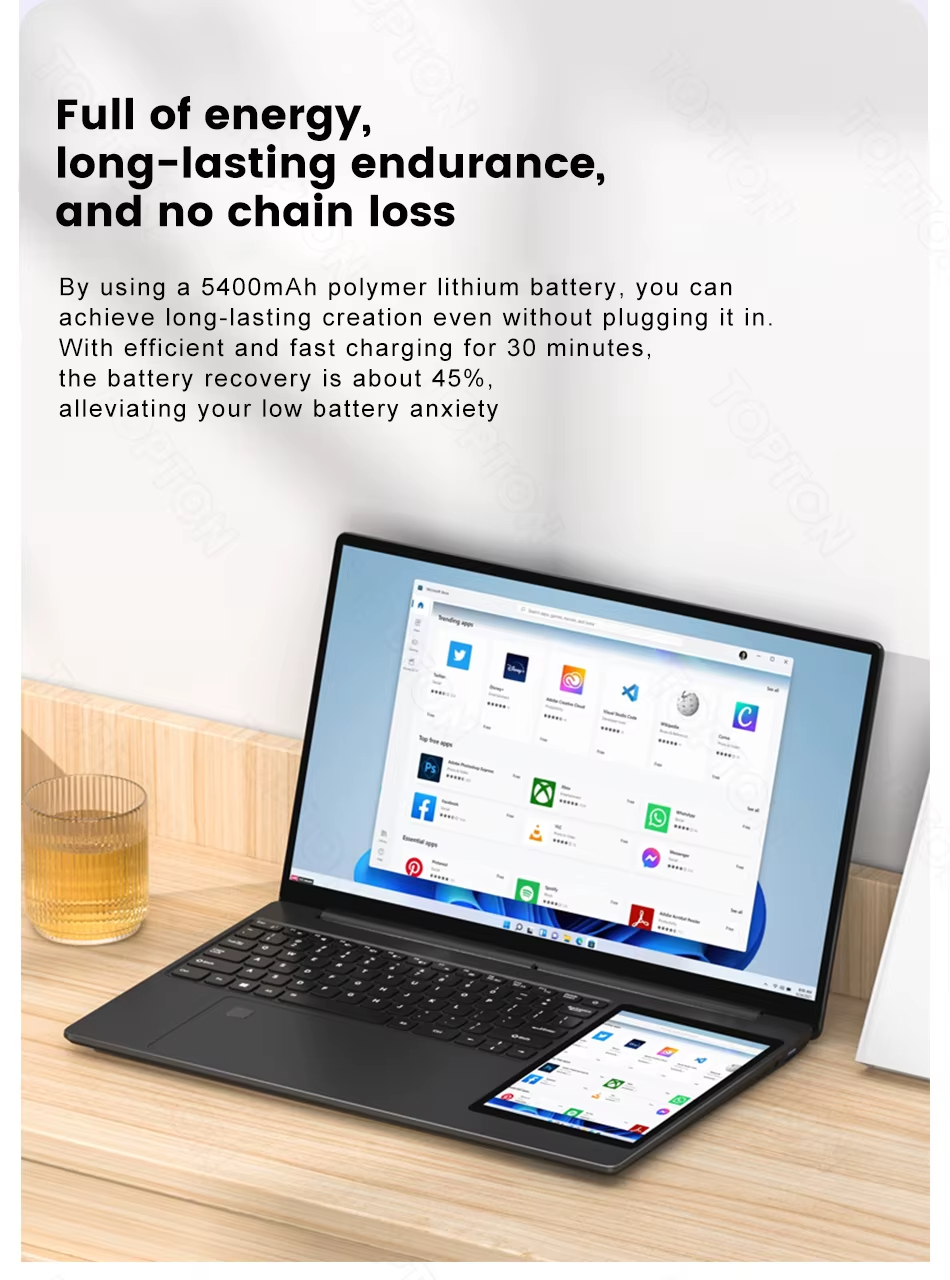 Office Laptop Win11 15.6 " + 7" Touch Dual Screen Display Intel N100 Finger ID