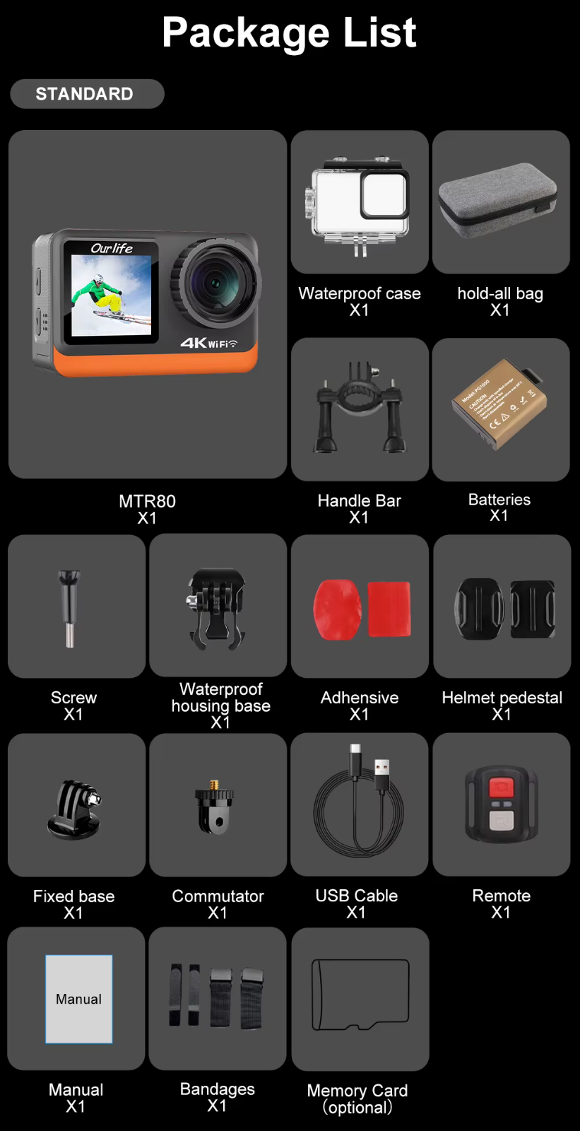 OURLIFE MTR80 4K60FPS Action Camera WiFi 30m Waterproof EIS + 64GB SD UK