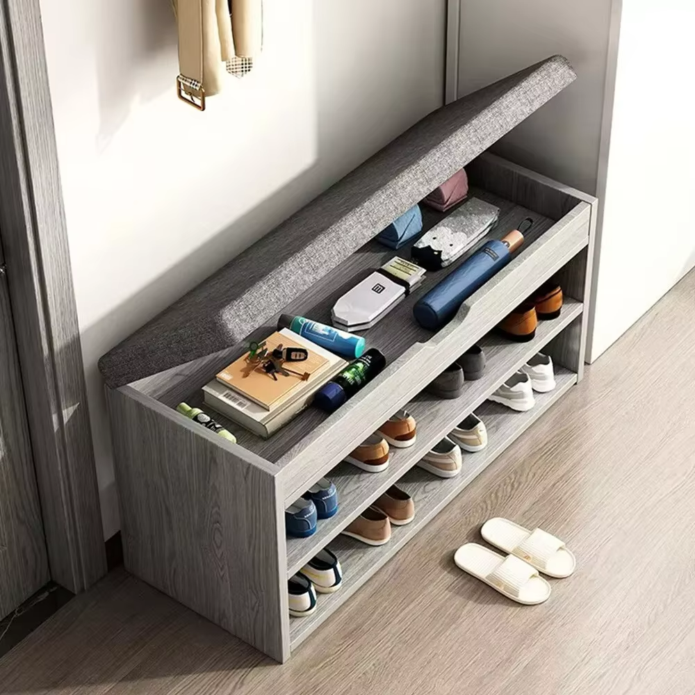 80cm Ottoman Shoe Rack Bench – 2 Tier Storage Cabinet with Wooden Padded Seat UK