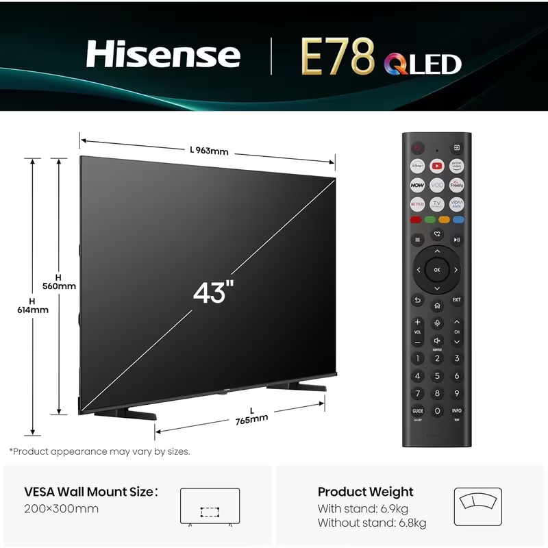 Hisense 43" QLED 4K Smart TV Dolby Vision Atmos 43E78QTUK UK