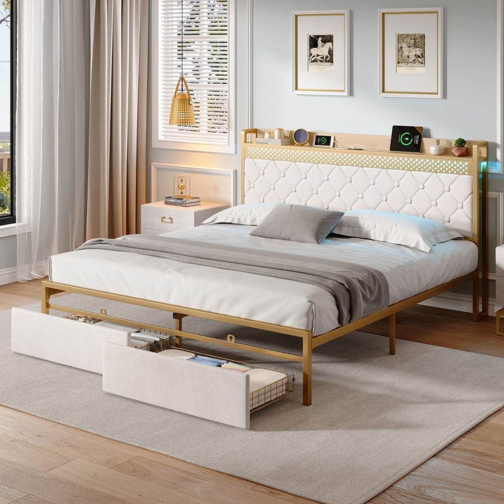 Double Bed Frame LED Headboard Storage Velvet Modern UK
