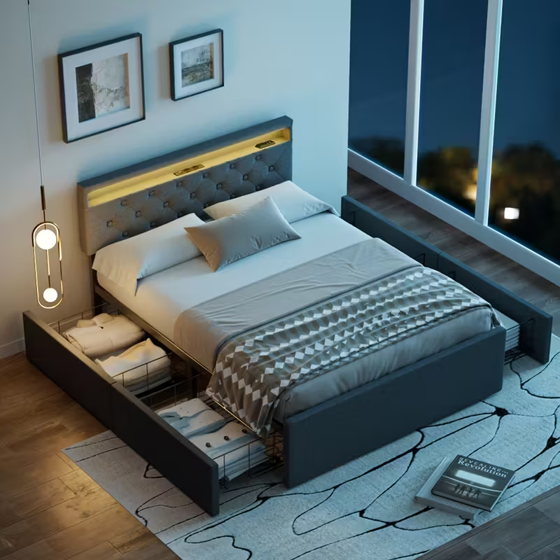 Double Bed Frame LED Headboard Storage Modern UK