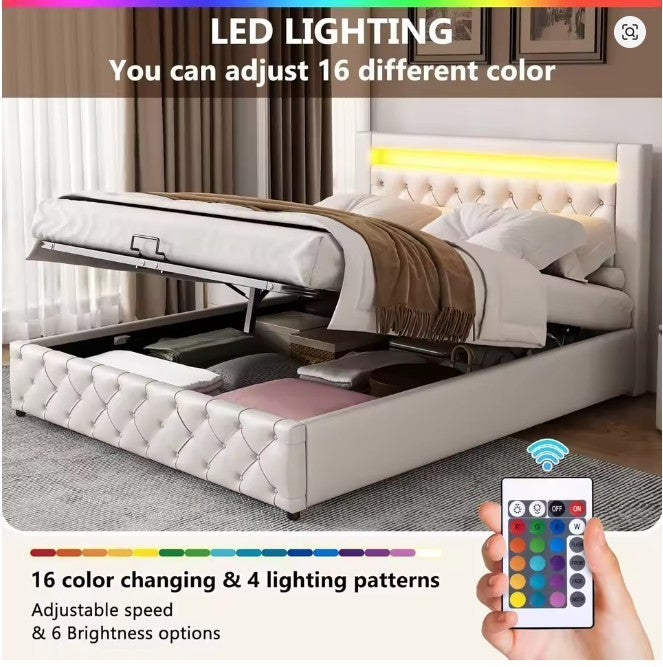 King Size Bed Frame LED Headboard Storage White Modern UK