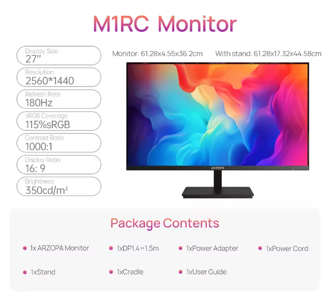 ARZOPA 27" IPS QHD Gaming Monitor 180Hz 1ms FreeSync UK