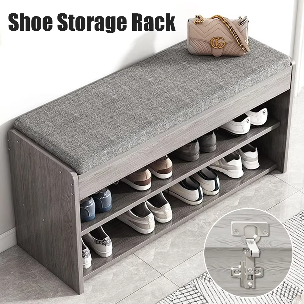 80cm Ottoman Shoe Rack Bench – 2 Tier Storage Cabinet with Wooden Padded Seat UK