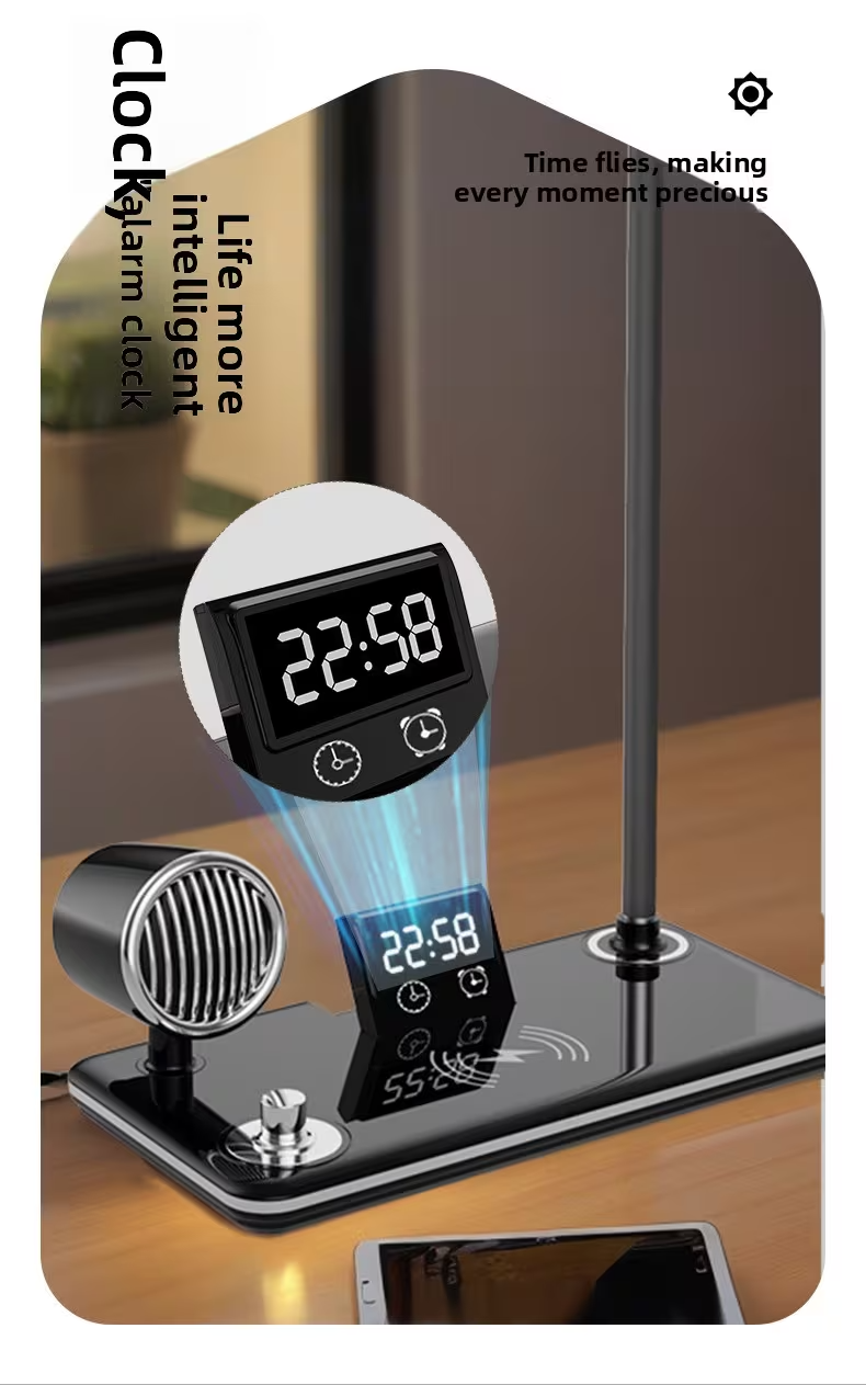 NNS LED Desk Lamp Wireless Charger Bluetooth Speaker Touch Dimmable Alarm Clock