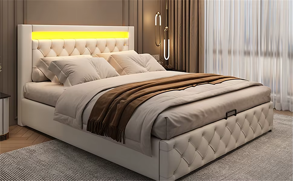 King Size Bed Frame LED Headboard Storage White Modern UK