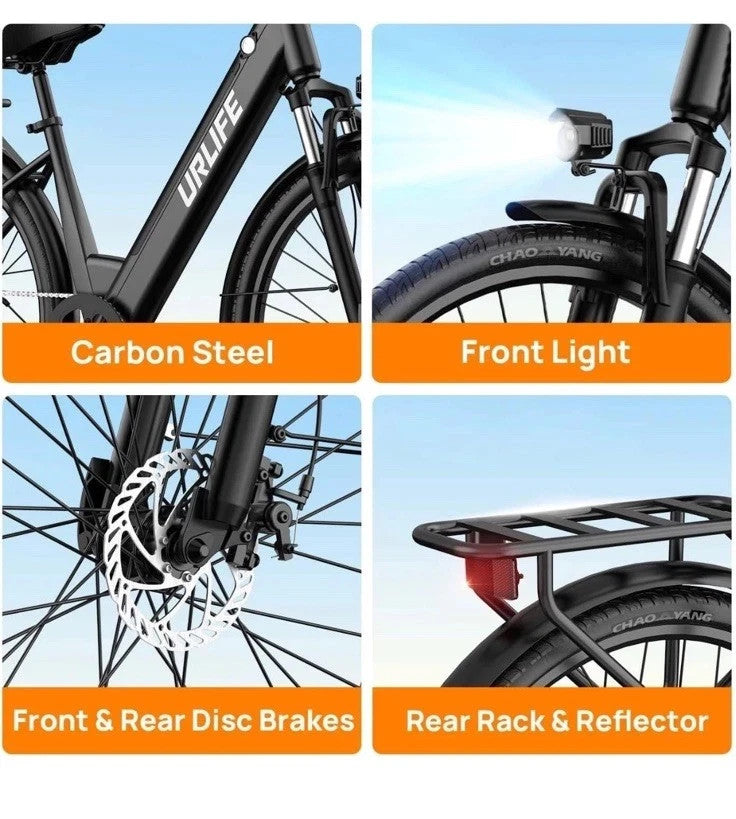 URLIFE E26 Electric Bike 250W 36V 13Ah 26" E-Bike 80km Range Shimano 7 Speed UK