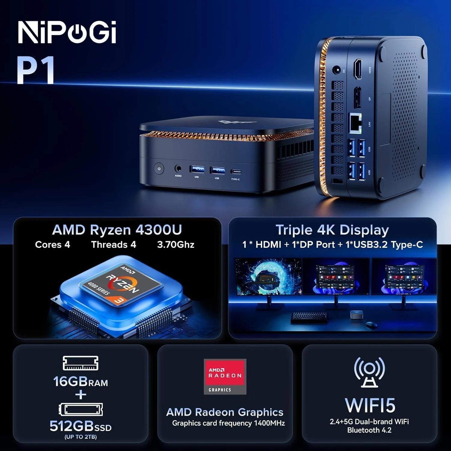 NiPoGi P1 Mini PC Ryzen 3 4300U 16GB 512GB SSD WiFi 4K Triple Display Win 11 Pro