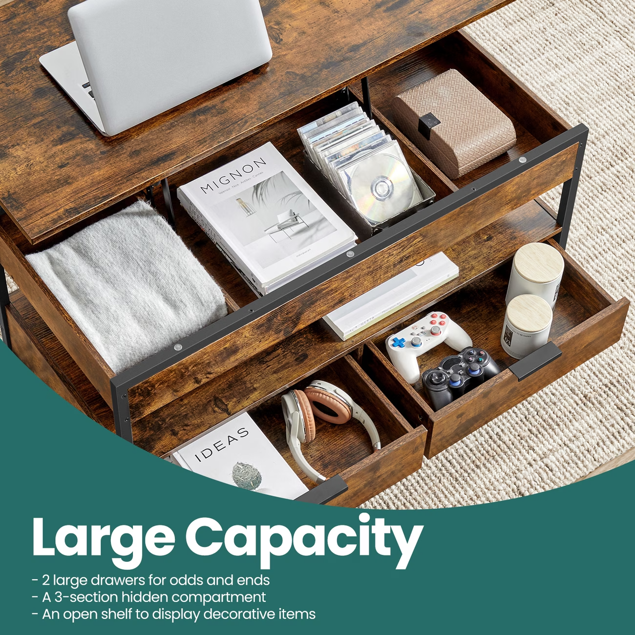 Lift Top Coffee Table with Storage Rustic Brown Modern UK