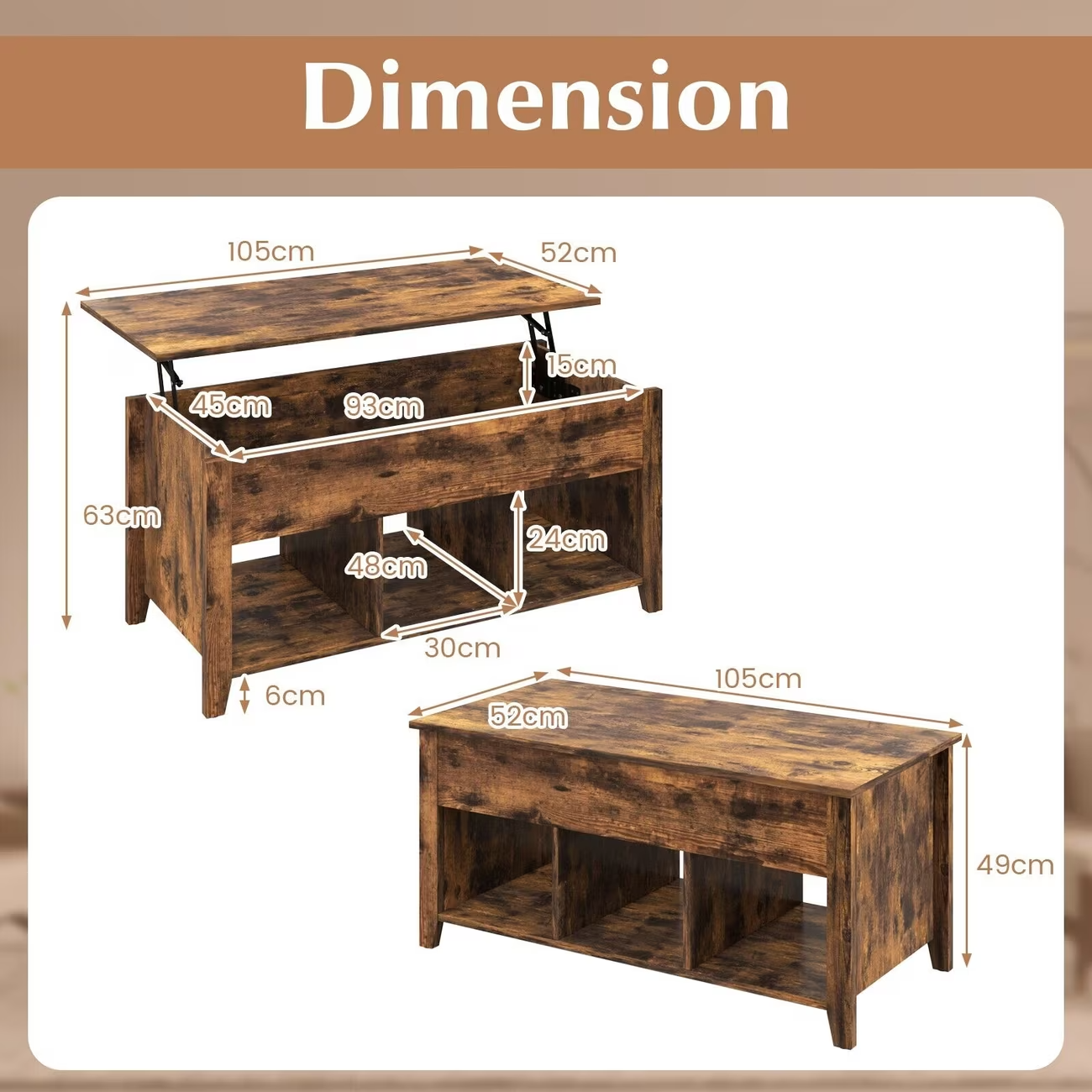 Lift Top Coffee Table with Storage Rustic Brown Modern UK