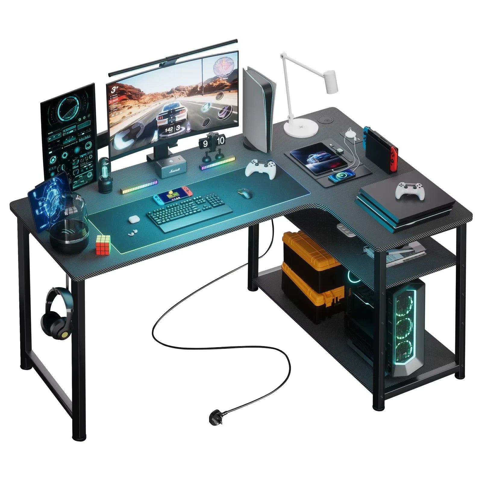 COMHOMA L Shaped Gaming Desk with Power Outlets USB Corner Computer PC Desk UK