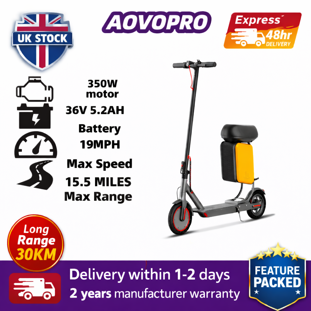 AOVOPRO Adult Electric Scooter Seat & Storage 350W 25km/h Foldable Suspension UK